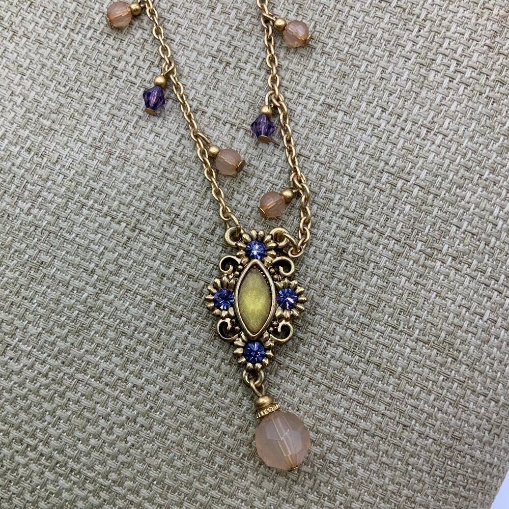 1928 Vintage Style Faux Amethyst Yellow Rhinestone Beaded Gold Tone Necklace